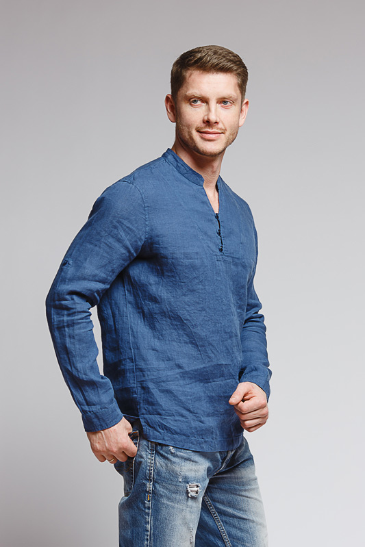 Рубашка льняная мужская 2007 синий