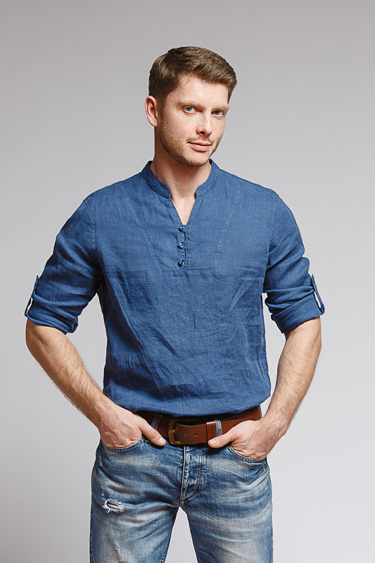 Рубашка льняная мужская 2007 синий