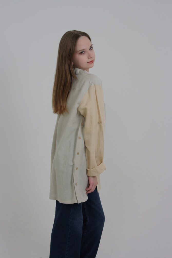 Блуза льняная 4-23 бежево-серый